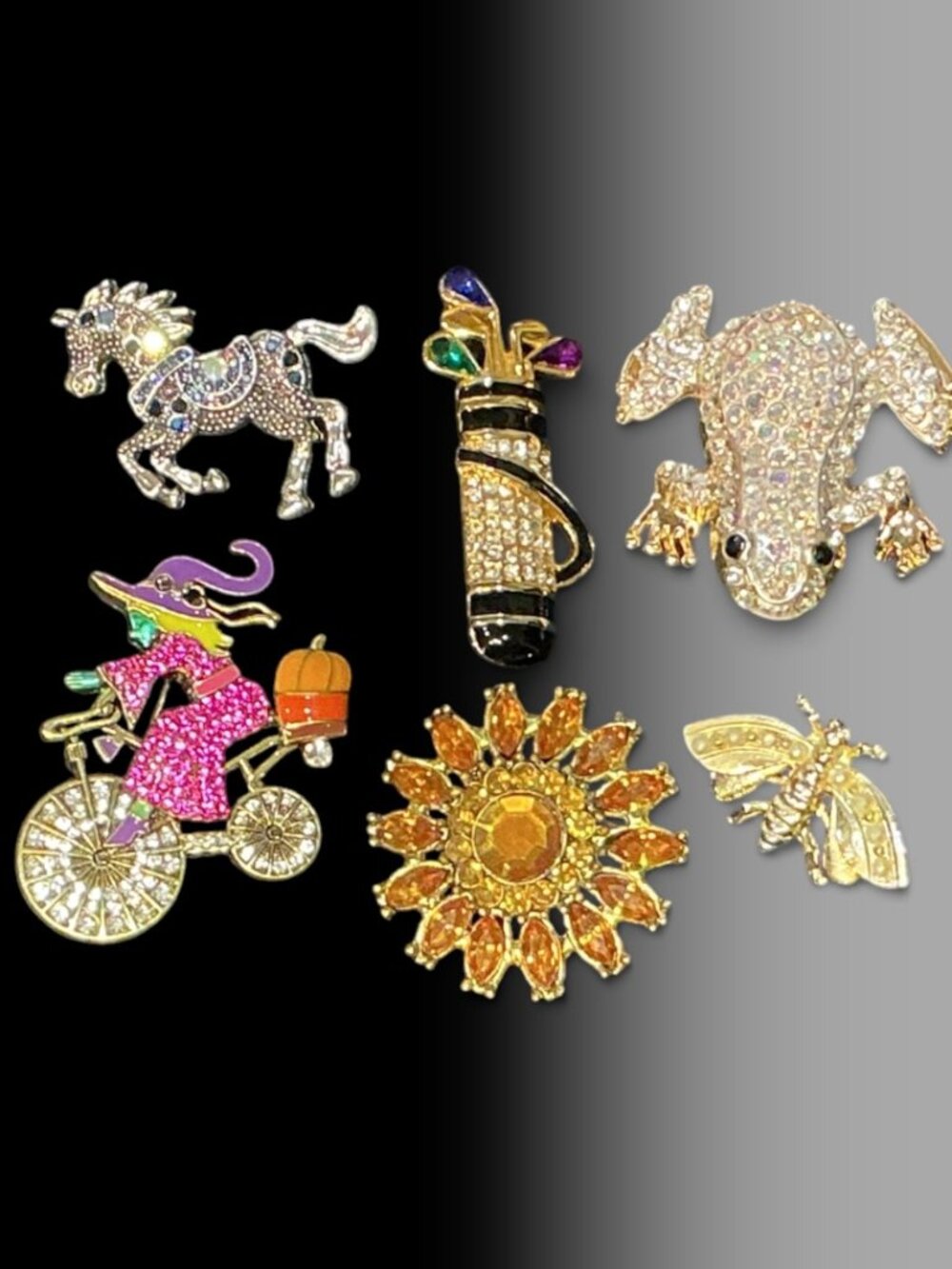 Modern Brooch Lot Rhinestone Enamel Animal Frog Horse Bicycle Floral Costume Pin